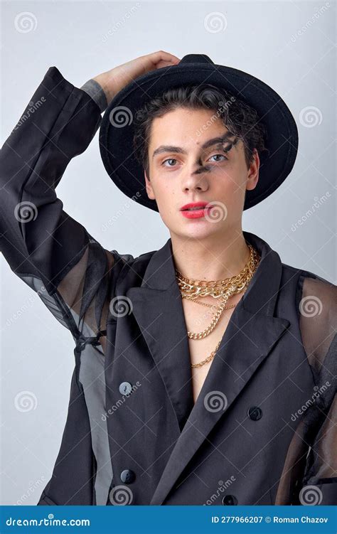 Male Makeup Look Portrait Of Brunette Man In Black Stylish Wear