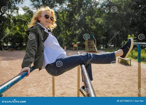 Cute Blonde Teenager Girl Playing In Park Playground Stock Image Image Of Playground Motion