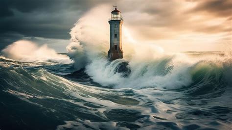 A lighthouse in the ocean with a storm in the background | Premium AI-generated image