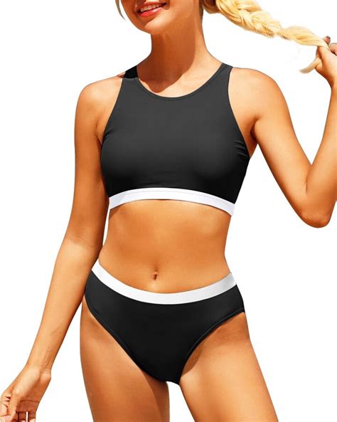 Yonique Sports Swimsuits For Women High Neck Bikini Top Two Piece