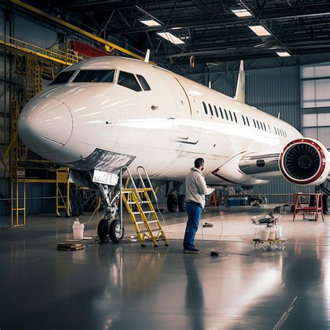 Premium Photo Worker Painting Plane Inside Big Hangar