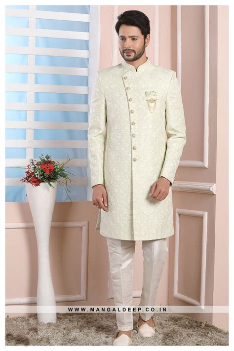 Pista Jacquard Silk Wedding Wear Indo Western Sherwani