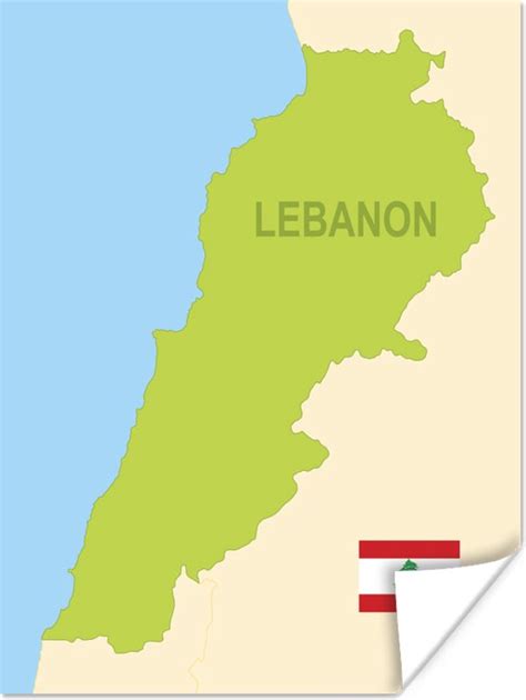 Poster Een Groene Kaart Van Libanon Met Vlag 30x40 Cm Bol