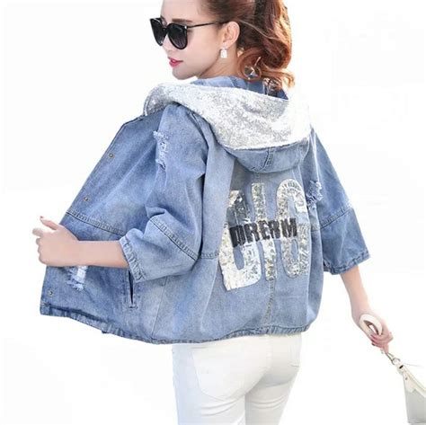 Denim Jacket Loose Sequin Hooded Jeans Jacket Coat Female Oversized Bomber Color As The Picture