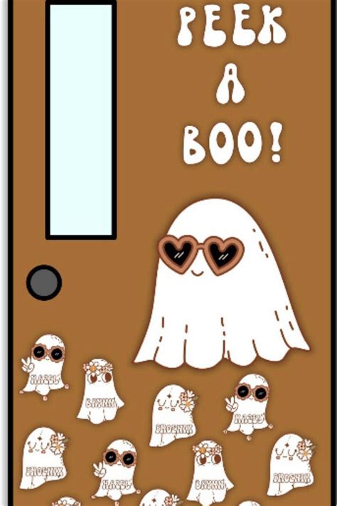 A Door With Some Stickers On It And The Words Peek At Boo Written In White