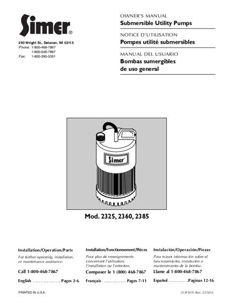 Simer Pumps 2385 2325 2360 User Manual