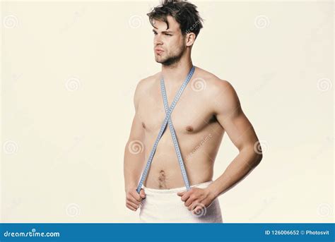 Athlete With Messy Hair Measures Naked Chest Stock Photo Image Of Length Figures 126006652