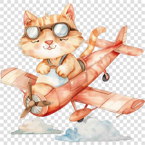 Cat Flying On A Plane Cartoon Hand Drawn Nuresery Watercolor Premium