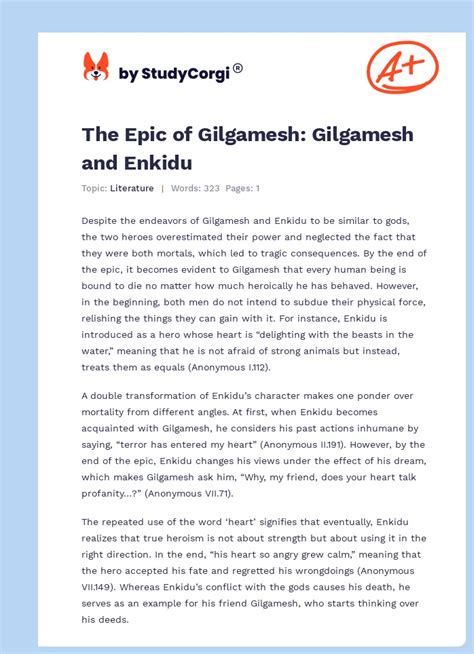 The Epic of Gilgamesh: Gilgamesh and Enkidu Analysis | Free Essay Example