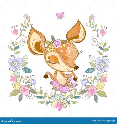 Cute Fawn in a Wreath of Flowers. Vector Stock Vector - Illustration of ...