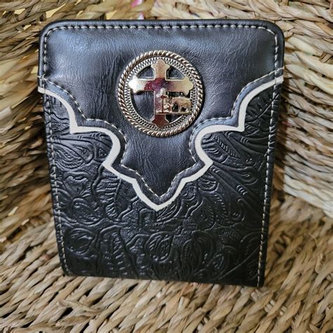 Cross Praying Cowboy Western Wallet Short Bi-fold Embossed Look Faux Leather Black Father's Day ...