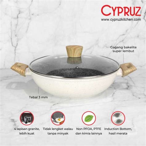 Jual Cypruz White Granite Wok Pan Kuali Tutup Kaca Cm