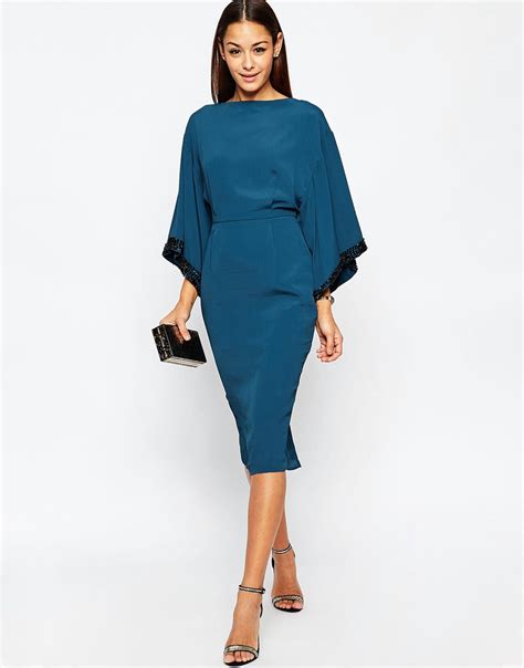 Asos Embellished Trim Kimono Midi Dress In Blue Lyst