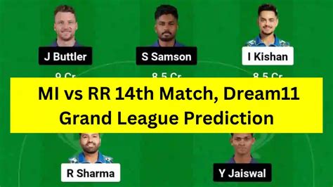 IPL 2024 14th Match MI Vs RR Dream11 Grand League GL Predi