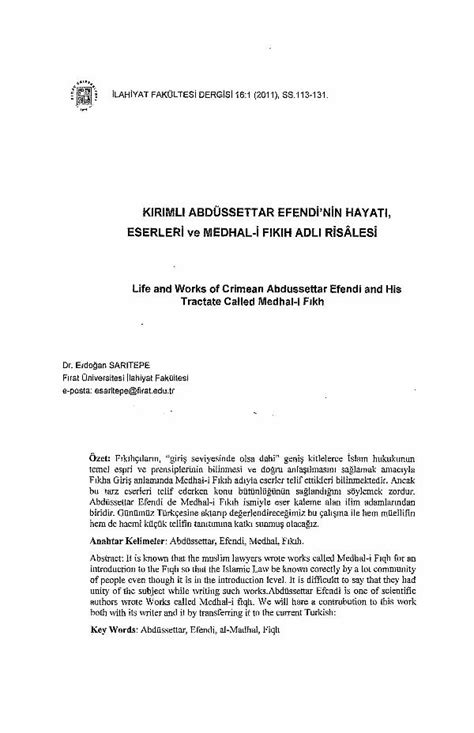 Pdf Kirimli Abd Ssettar Efendi Nin Hayati Eserleri Ve Isamveri Org