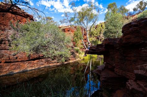 Premium Photo A Jungle Girl In A Bikini Sits On Rocks By A Stream In A Canyon In Karijini