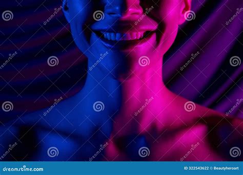 Cropped Photo Of Girl Neck Naked Shoulders Smiling White Teeth Isolated Neon Pink Purple Color