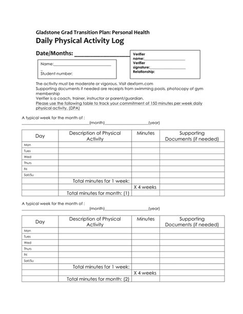 Daily Physical Activity Log In Word And Pdf Formats