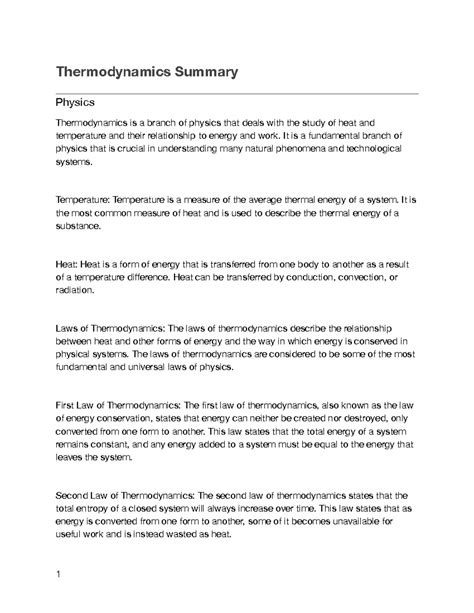 Thermodynamics Summary Thermodynamics Summary Physics Thermodynamics