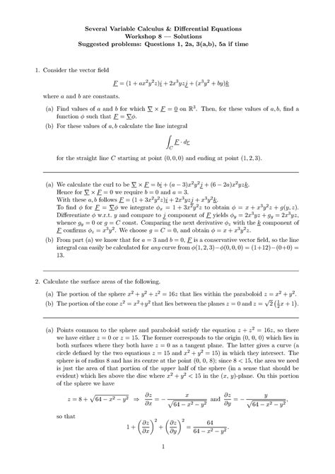 Workshop Solutions 7 Several Variable Calculus Differential