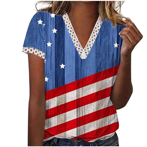 Posijego 4th Of July Tops For Women Plus Size V Neck Short Sleeve T