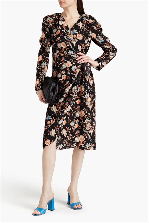 Les R Veries Pleated Floral Print Silk Crepe De Chine Midi Wrap Dress