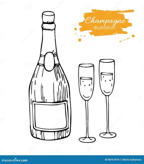 Vektorsektflasche Und Glas Gezeichnete Skizzenillustration Champagne