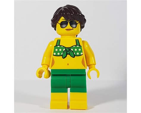 Lego Set Fig Woman Green Bikini Top With White Spots Green Shorts Dark Brown Hair