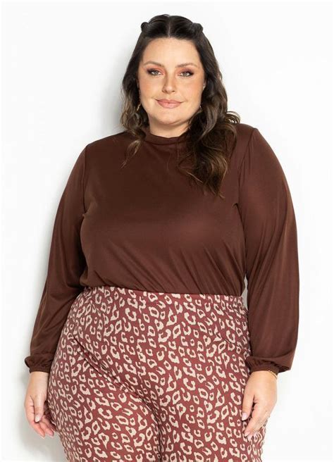 Marguerite Blusa Marrom Gola E Mangas Longas Plus Size