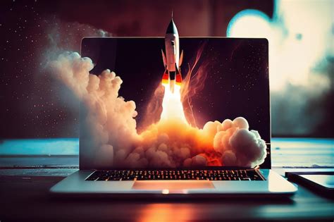 Premium Ai Image Closeup Of Rocket Launching From Sleek Laptop Screen