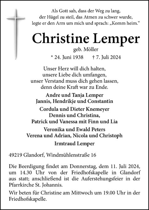 Traueranzeigen Von Christine Lemper Noz Trauerportal