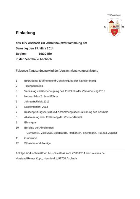 Jahreshauptversammlung Tsv Aschach