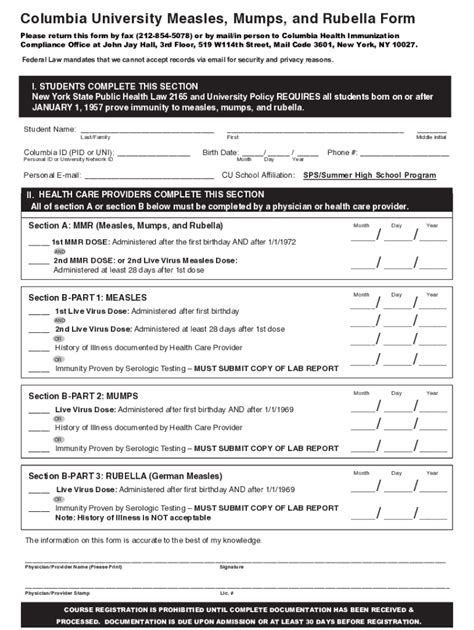 Fillable Online Columbia University Measles Mumps And Rubella Form Fax