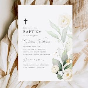 Editable Greenery Baptism Invitation Template White Rose Greenery