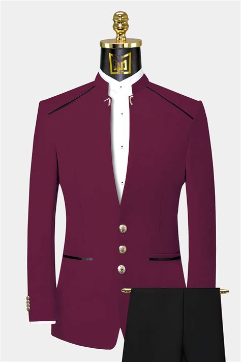 Burgundy Mandarin Collar Suit Gentlemans Guru