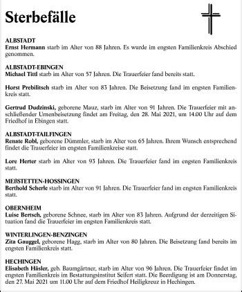 Traueranzeigen von Sterbefälle vom 26 05 2021 Schwarzwälder Bote Trauer