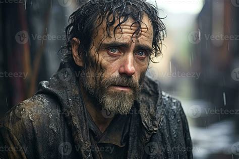 AI generated portrait of sad homeless man in the rain in the city on ...