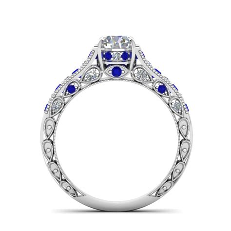 Cathedral Vintage Style Round Diamond Engagement Ring With Sapphire In 14k White Gold