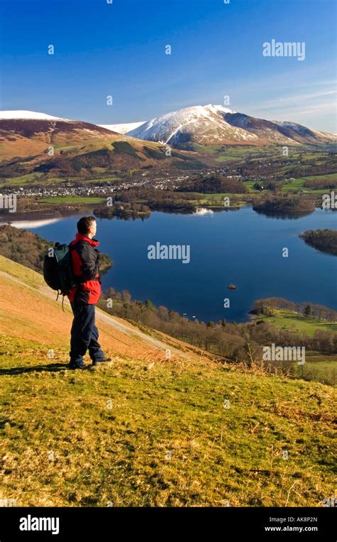 Walker Admiring View Of Skiddaw Range And Derwent Water From Cat Bells In