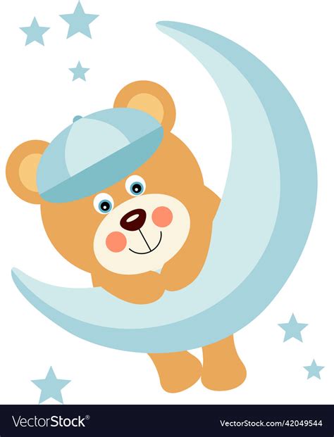 Cute baby boy teddy bear hanging on moon Vector Image