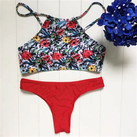 2017 Sexy Bandage Women Floral Swimwear High Neck Straps Brazilian Swimsuit Micro Bikini Beach