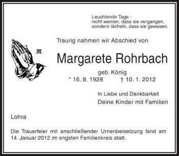 Traueranzeigen Von Margarete Rohrbach Trauer Anzeigen De