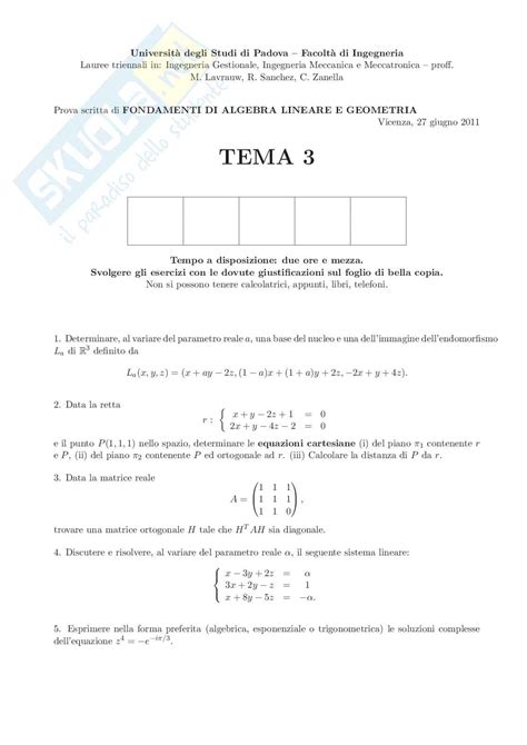 Esercizi Riepilogativi Fondamenti Di Algebra Lineare E Geometria