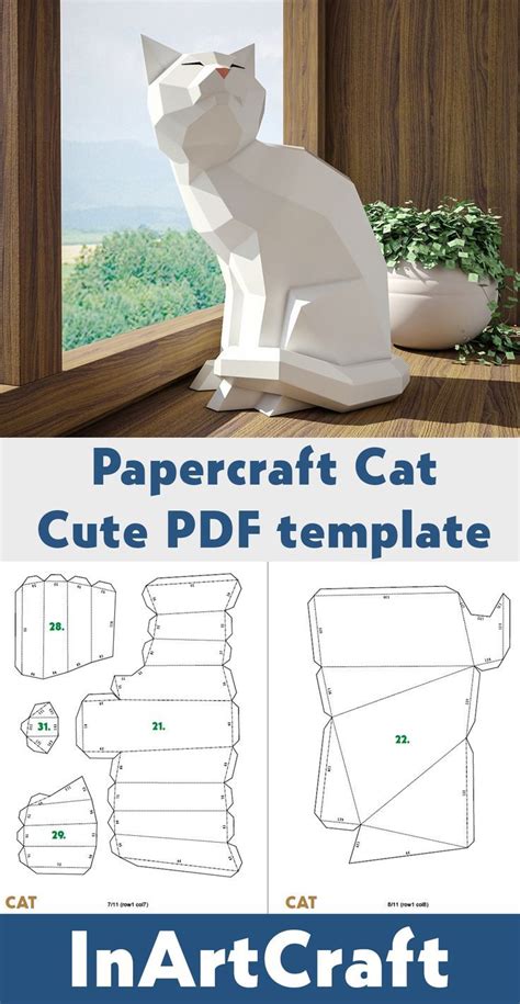 Papercraft Cat Paper Craft 3d Model Kitten Pdf Template Cute Low Poly Kitty Sculpture Digital