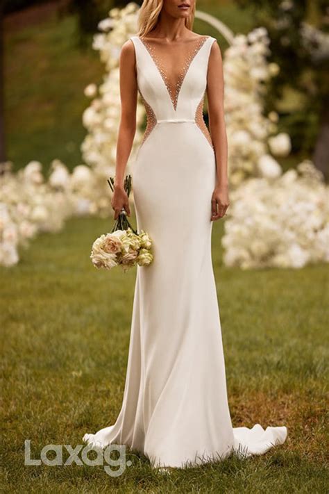 22663 Low V Neck Beaded Illusion Sleek Satin Elegant Mermaid Wedding