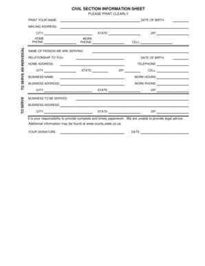 Fillable Online Co Arapahoe Co CIVIL SECTION INFORMATION SHEET