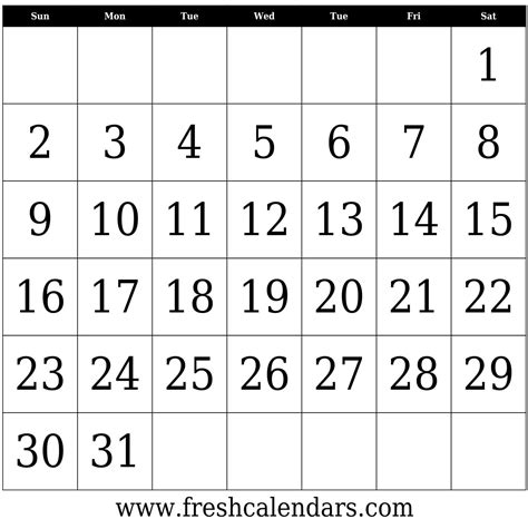 Blank 31 Day Calendar Printable