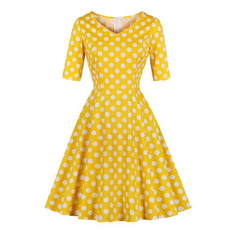 Women Polka Dots Yellow Vintage Dress Summer Rockabilly 4xl Plus Size V