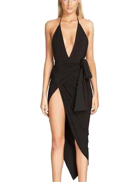 Backless Halter Wrap Spaghetti Strap High Side Slit Sexy Women Dress