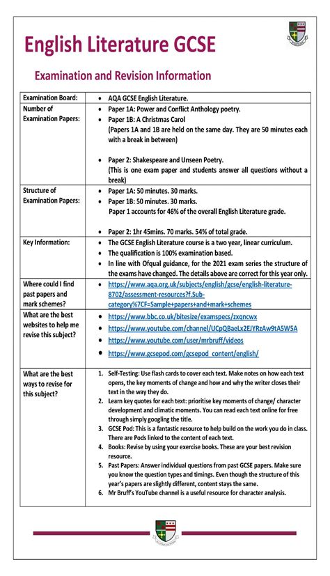 English Literature Revision Sheet St Robert Of Newminster